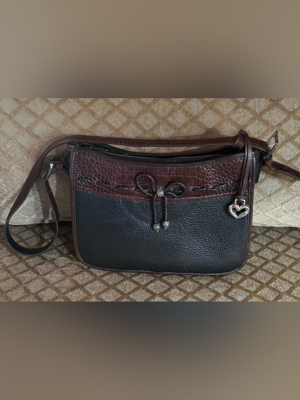 VTG Brighton Emma Crossbody Black Brown Croc Leather Silver Heart Charm Y2K